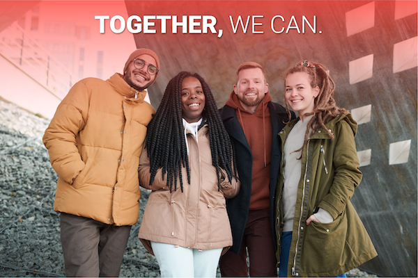 Group of people standing together with text "Together, We Can"