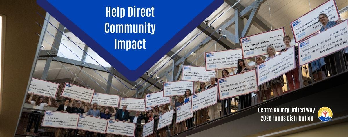 Partner Agency Reps holding big checks text says Help Direct Community Impact 